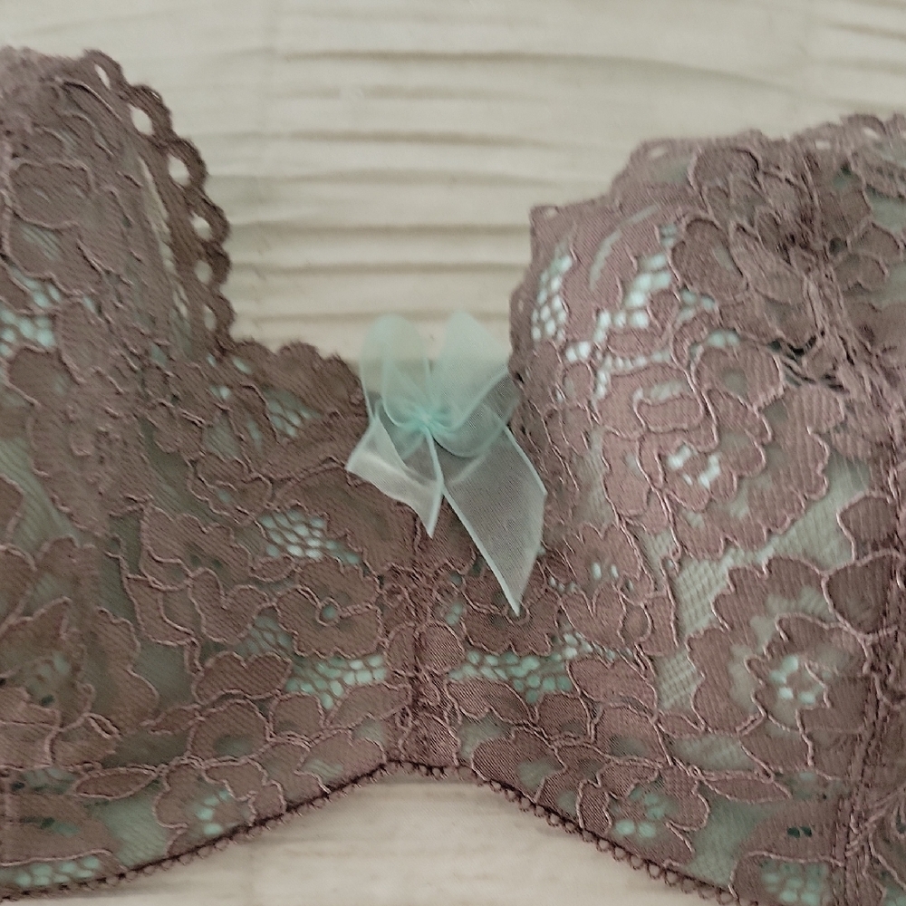 Never Worn Lace Bralette in Brown With Turqois Ligning, Bow Accent